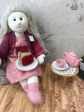 Hand Made Rag Doll 3 Piece Outfit - Check Pinafore Dress, Cardigan & Socks