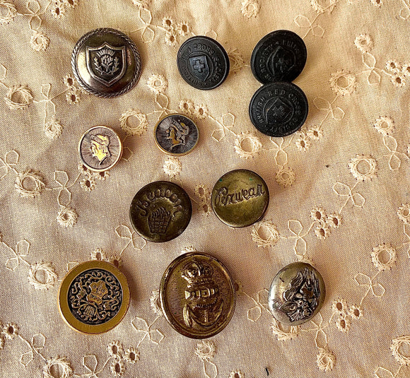 Vintage Mixture of Metals, Embossed Emblem  Shank  Buttons -Various Sizes x 10