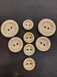 Wooden 'Handmade with Love' 2 Hole Buttons - Assorted sizes - 8 Pack