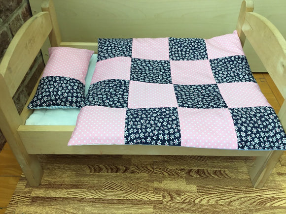 Handmade Patchwork Quilt and Pillow Bedding Set for Doll Beds and Prams - Navy Daisy