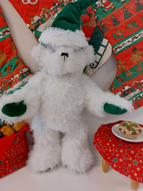 Woodward Elf White Green Christmas Bear with Hat