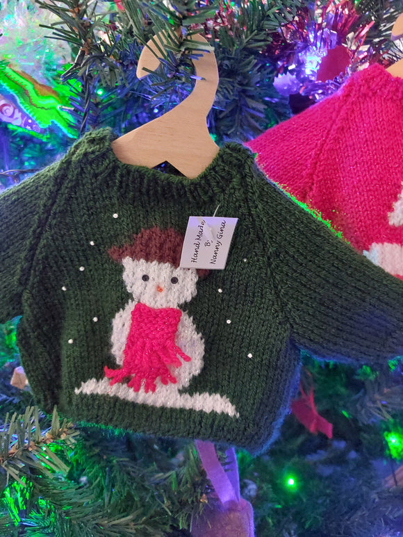 Hand Knitted Christmas Green Snowman Jumper for Dolls & Teddy Bears