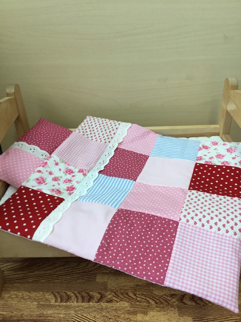 Handmade Patchwork Quilt and Pillow Bedding Set for Doll Beds and Pram Alice s Bear Shop