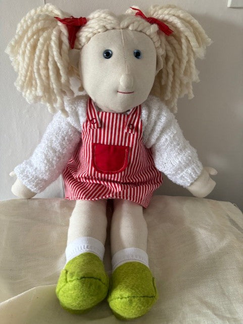 Hello! My Name is Hannah  - Hand Made Rag Doll With Dress & Cardigan