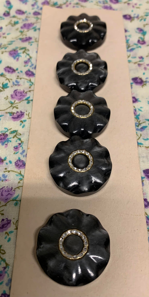 Rare Vintage Black & Grey Round Flower  Diamanté Resin 2 Hole Grooved Buttons 5 x 25mm