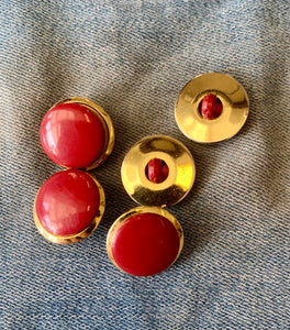 Vintage Round Red Plastic & Gold Toned Metal Shank Buttons -5x 17mm