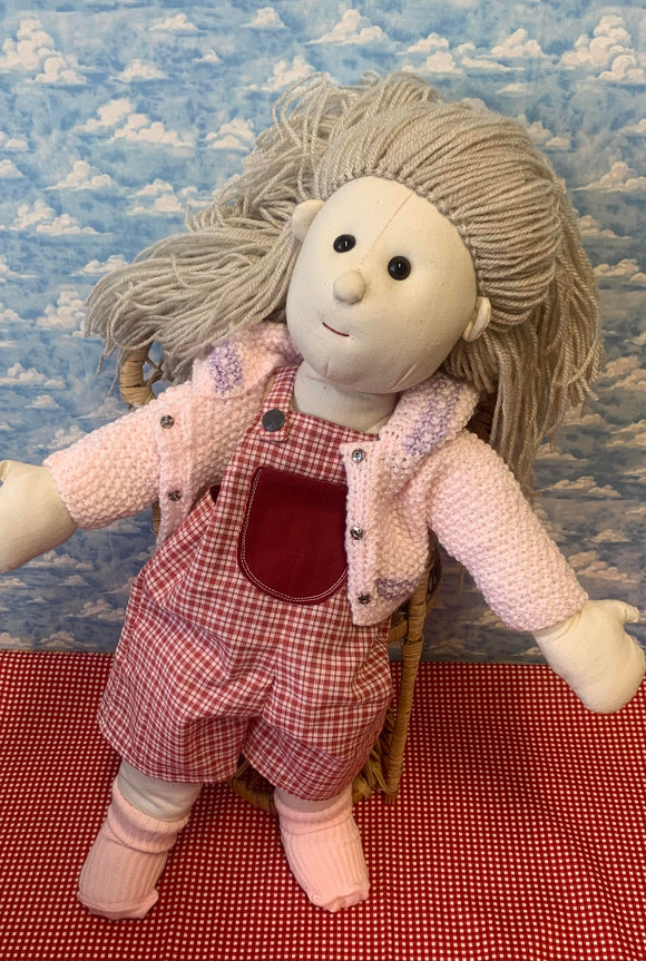 Hand Made Rag Doll 3 Piece Outfit - Checked Short Dungarees, Hooded Cardigan & Socks