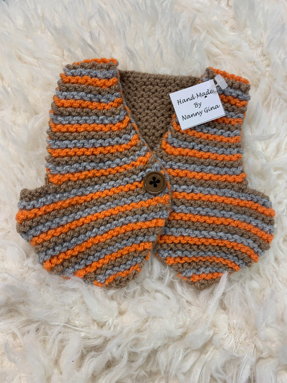 Hand knitted Orange, Grey & Brown Striped Waistcoat for Teddy Bears