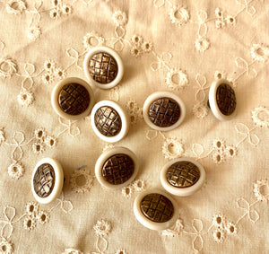 Vintage Cream & Gold Cross Patterned Shank Resin Buttons 9 x 15mm