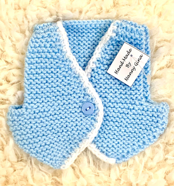 Hand knitted Baby Blue &  White Edged  Waistcoat for Teddy Bears