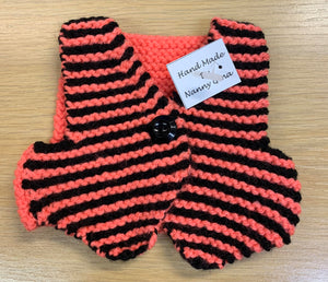 Hand knitted  Coral Orange & Black Striped Waistcoat for Teddy Bears