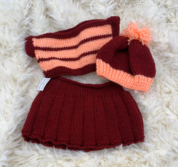 Hand Knitted Three Piece Top, Skirt & Bobble Hat in Burgundy & Light Peach Double Knitted yarn, for Larger Bears & Dolls