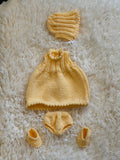 Hand Knitted 5 Piece Yellow 'Layette' Set for Dolls or Bears, Dress, Bonnet, Knickers & Booties