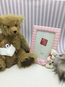 Ceramic Style Photo Frame - Teddy With Pink Check Surround - Russ - 4"x6"