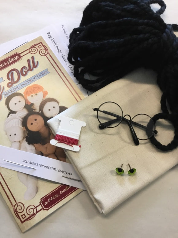 'Boy Wizard' Rag Doll Kit - 54cm when made, Black Hair, Green Eyes, Spectacles