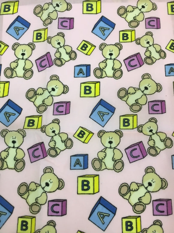 Fabric Remnant - Pink Teddy Bear ABC Print Polycotton 1.12m x 0.5m
